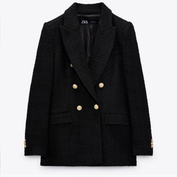 ZARA Tweed Textured Weave Double Breasted Blazer Black - Picture 8 of 15